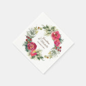 赤いピンクの緑の花のクリスマスリースのウェディング スタンダードカクテルナプキン (角)