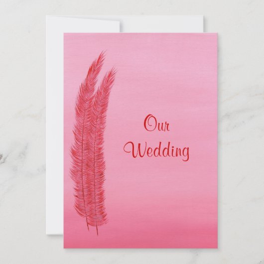赤いピンクの羽、私たちの結婚式の招待 招待状 (正面)