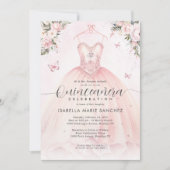 赤いピンクの花のプリンセスガウンのドレスキンセアネラ 招待状 (正面)