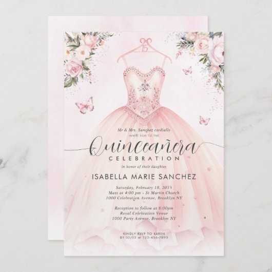 赤いピンクの花のプリンセスガウンのドレスキンセアネラ 招待状 (正面/裏面)