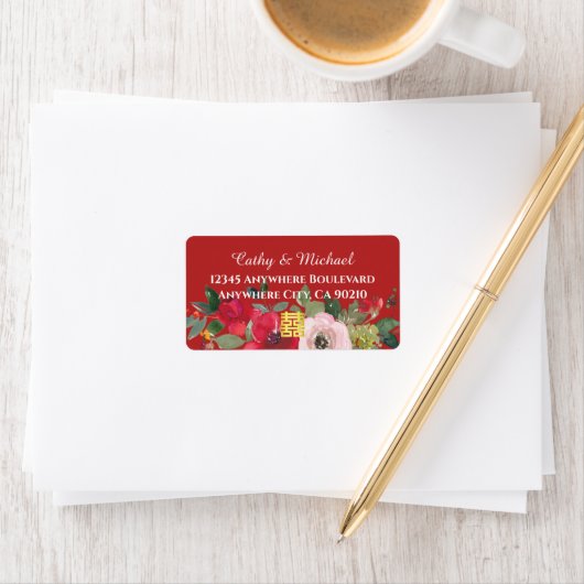 赤いピンクの花の中国風結婚式の返信住所 ラベル (インサイチュ)