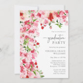 赤いピンクの花の卒業パーティー 招待状 (正面)