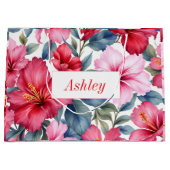 赤いピンクの花の水彩エレガント ラージペーパーバッグ (正面)