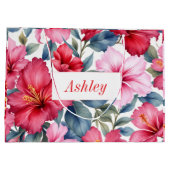 赤いピンクの花の水彩エレガント ラージペーパーバッグ (裏面)