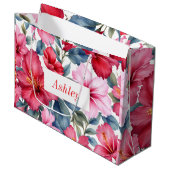 赤いピンクの花の水彩エレガント ラージペーパーバッグ (正面アングル)