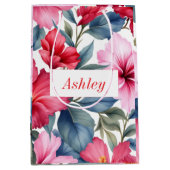 赤いピンクの花の水彩画ハイビスカスエレガント ミディアムペーパーバッグ (正面)