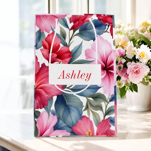 赤いピンクの花の水彩画ハイビスカスエレガント ミディアムペーパーバッグ