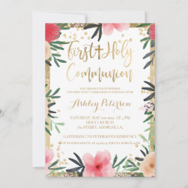 赤いピンクの花の金の縁取り 初領聖体礼拝 招待状