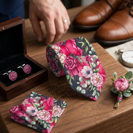 赤いピンクの花 ネクタイ