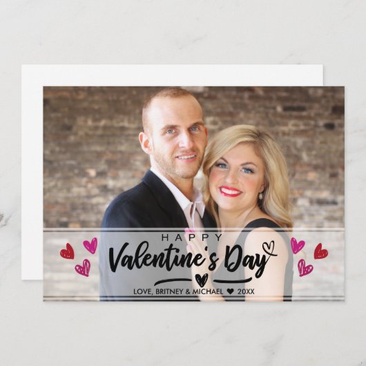 赤いピンクの落書きハート バレンタインデーの写真カード (正面/裏面)