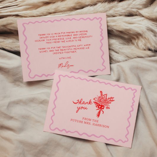 赤いピンクの遊び心ある手書き サンキューカード