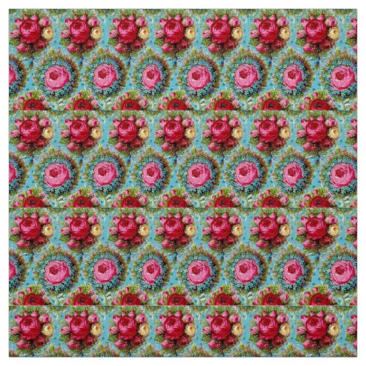 赤いピンクの黄色のバラが青い ファブリック (見本)