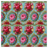 赤いピンクの黄色のバラが青い ファブリック (クローズアップ)