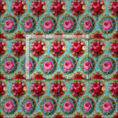 赤いピンクの黄色のバラが青い ファブリック (タイル)