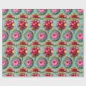 赤いピンクの黄色のバラが青い ラッピングペーパー (フラット)
