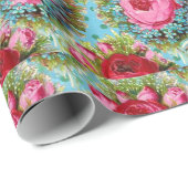 赤いピンクの黄色のバラが青い ラッピングペーパー (ロールコーナー)