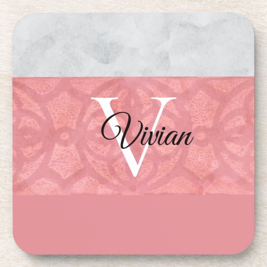 赤いピンクろうけつ染めと灰色の水モノグラムの色 コースター (正面)