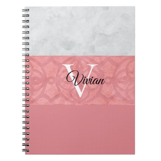赤いピンクろうけつ染めと灰色の水モノグラムの色 ノートブック (正面)