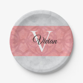 赤いピンクろうけつ染めと灰色の水モノグラムの色 ペーパープレート