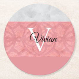 赤いピンクろうけつ染めと灰色の水モノグラムの色 ラウンドペーパーコースター