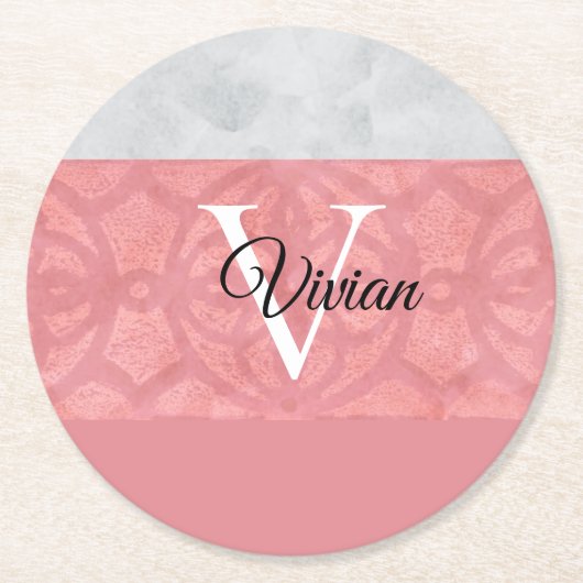 赤いピンクろうけつ染めと灰色の水モノグラムの色 ラウンドペーパーコースター (正面)