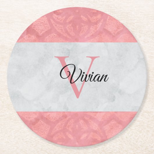 赤いピンクろうけつ染めと灰色の水モノグラムの色 ラウンドペーパーコースター (正面)