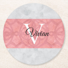 赤いピンクろうけつ染めと灰色の水モノグラムの色 ラウンドペーパーコースター