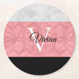 赤いピンクろうけつ染めと灰色の水モノグラムの色 ラウンドペーパーコースター