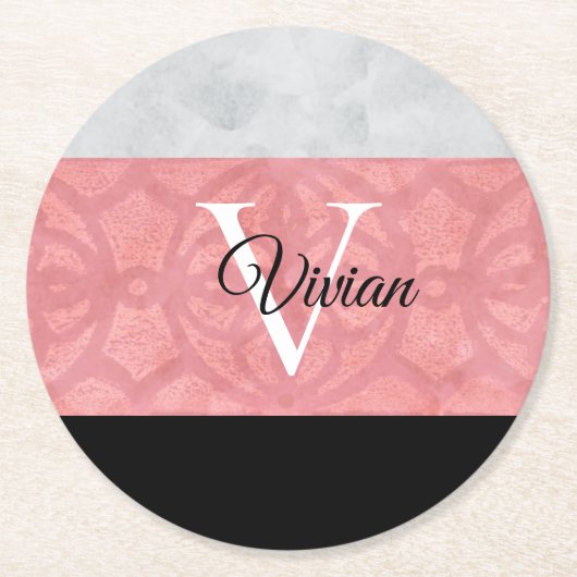 赤いピンクろうけつ染めと灰色の水モノグラムの色 ラウンドペーパーコースター (正面)