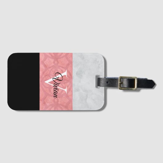 赤いピンクろうけつ染めと灰色の水モノグラムの色 ラゲッジタグ (正面横)