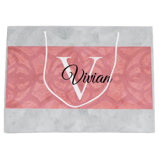 赤いピンクろうけつ染めと灰色の水モノグラムの色 ラージペーパーバッグ (正面)