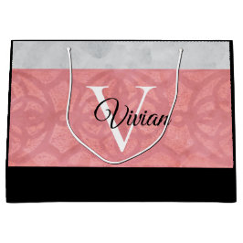 赤いピンクろうけつ染めと灰色の水モノグラムの色 ラージペーパーバッグ