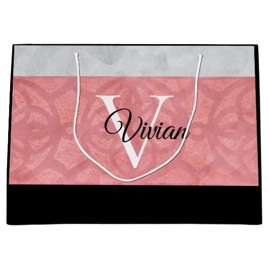 赤いピンクろうけつ染めと灰色の水モノグラムの色 ラージペーパーバッグ (正面)