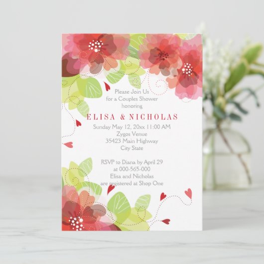 赤いピンク色の花のフローラのカップルのシャワー 招待状 (スタンド正面)