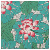 赤いピンク 緑 ティール 中国の蓮の花のパターン ファブリック (クローズアップ)
