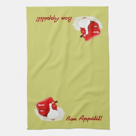 赤いピーマンおよびニンニクの台所タオル キッチンタオル (縦)