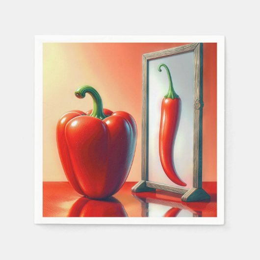 赤いピーマンが鏡を見て スタンダードカクテルナプキン (正面)