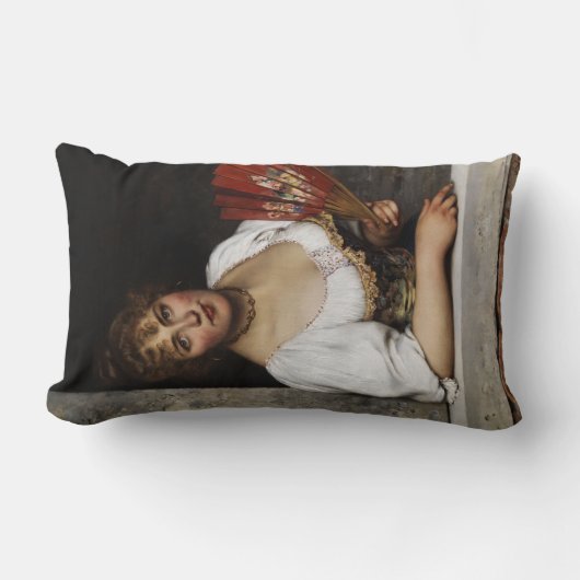 赤いファンの女性（Eugene de Blaas著） ランバークッション (正面)
