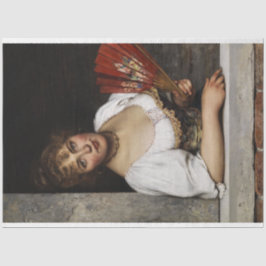 赤いファンの女性（Eugene de Blaas著） 薄葉紙