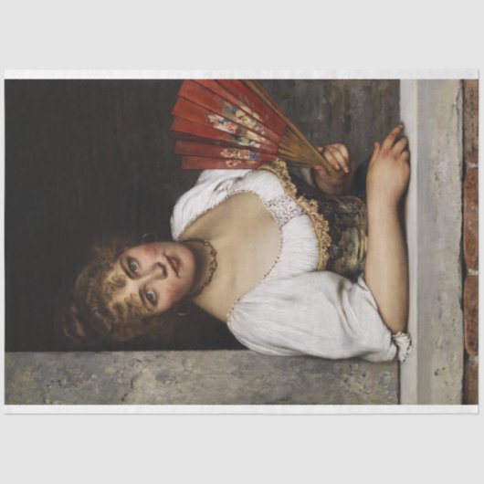 赤いファンの女性（Eugene de Blaas著） 薄葉紙 (正面)