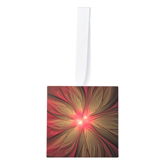 赤いファンシーのフラクタル花 キューブオーナメント (正面)