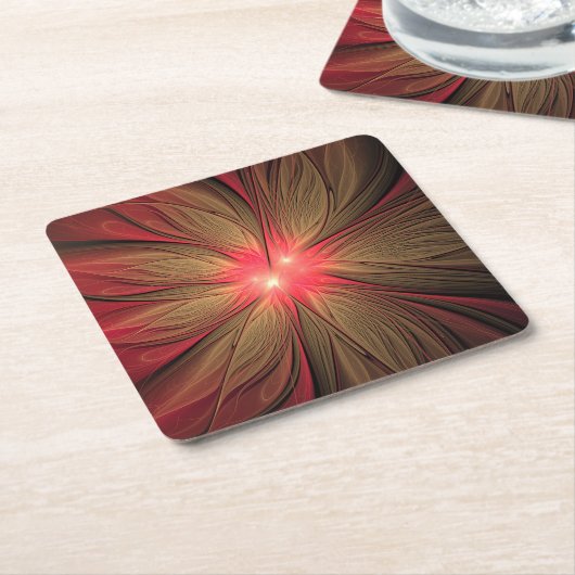 赤いファンシーのフラクタル花 スクエアペーパーコースター (アングル)