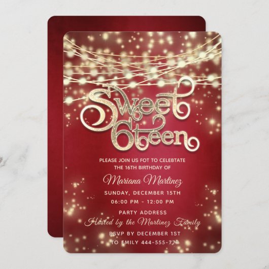 赤いファンシー糸エレガントで金ゴールドが輝く 招待状 (正面/裏面)