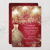 赤いファンシー花火金ゴールドの輝くドレス 招待状 (正面/裏面)