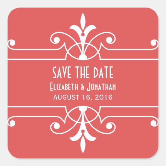 赤いファンシー装飾日付ステッカーを保存 スクエアシール (正面)