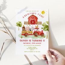 赤いファーム動物の最初の誕生日パーティーへの招待