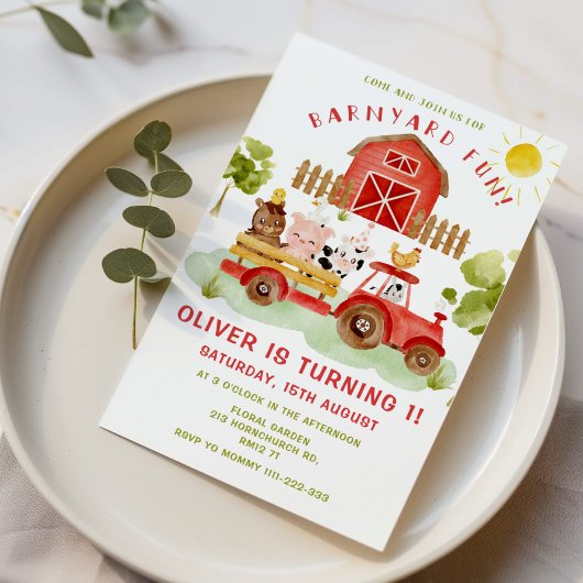 赤いファーム動物の最初の誕生日パーティーへの招待 招待状