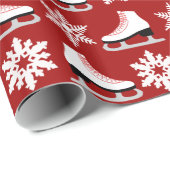 赤いフィギュアスケートおよび雪片のクリスマス ラッピングペーパー (ロールコーナー)
