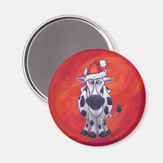 赤いフィールドで牛のクリスマス マグネット (正面/裏面)