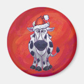 赤いフィールドで牛のクリスマス マグネット (正面)